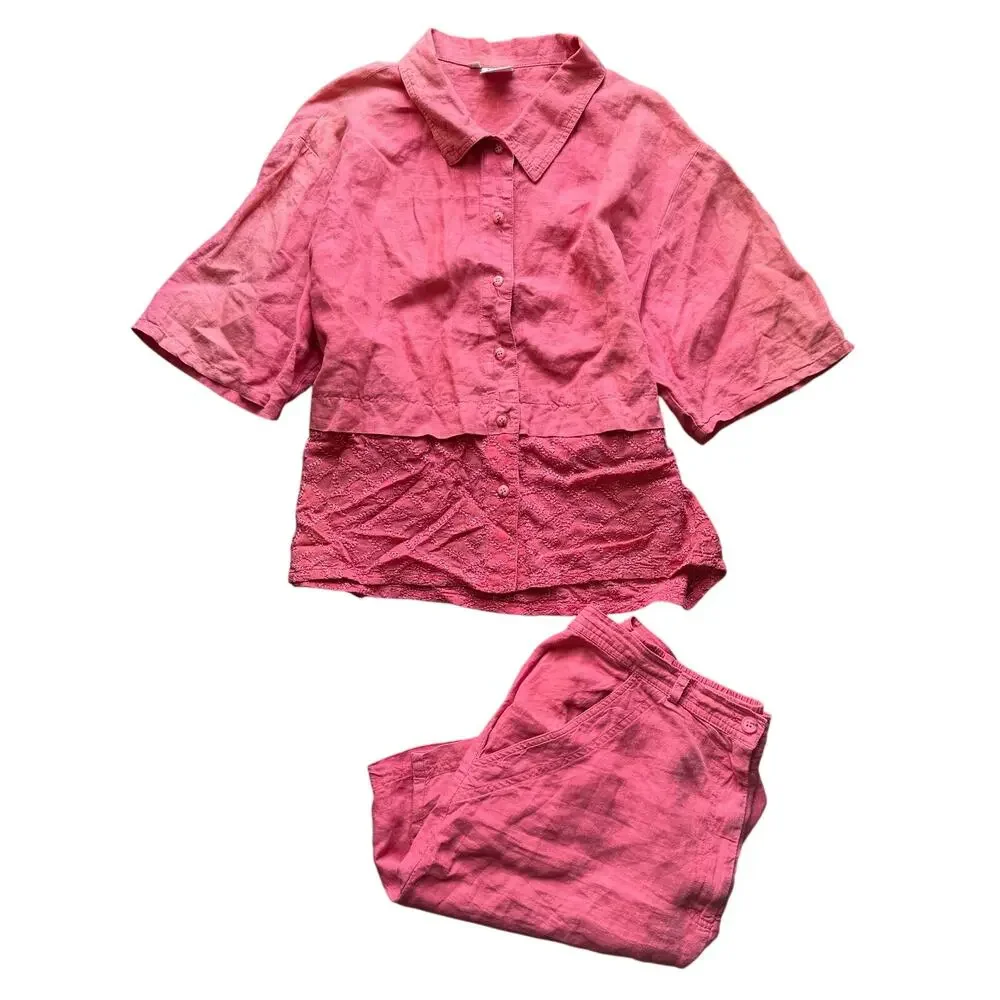Vintage Johnny Was Coral Pink 100% Linen Embroidered Two Piece Short Set Size L